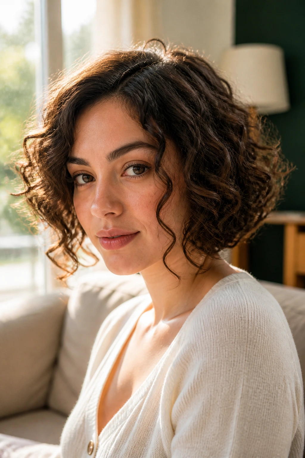 Close-up portrait of a real woman with a curly bob and face-framing tendrils by a sunlit window.
