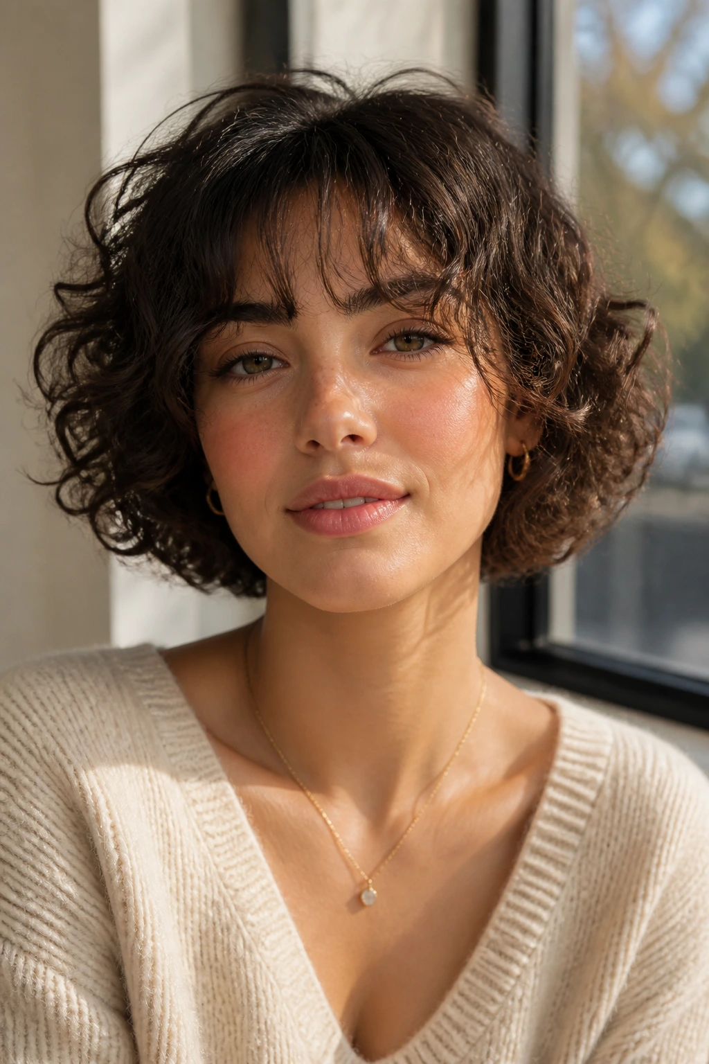 Close-up of a real woman with a curly bob and wispy curtain bangs hairstyle