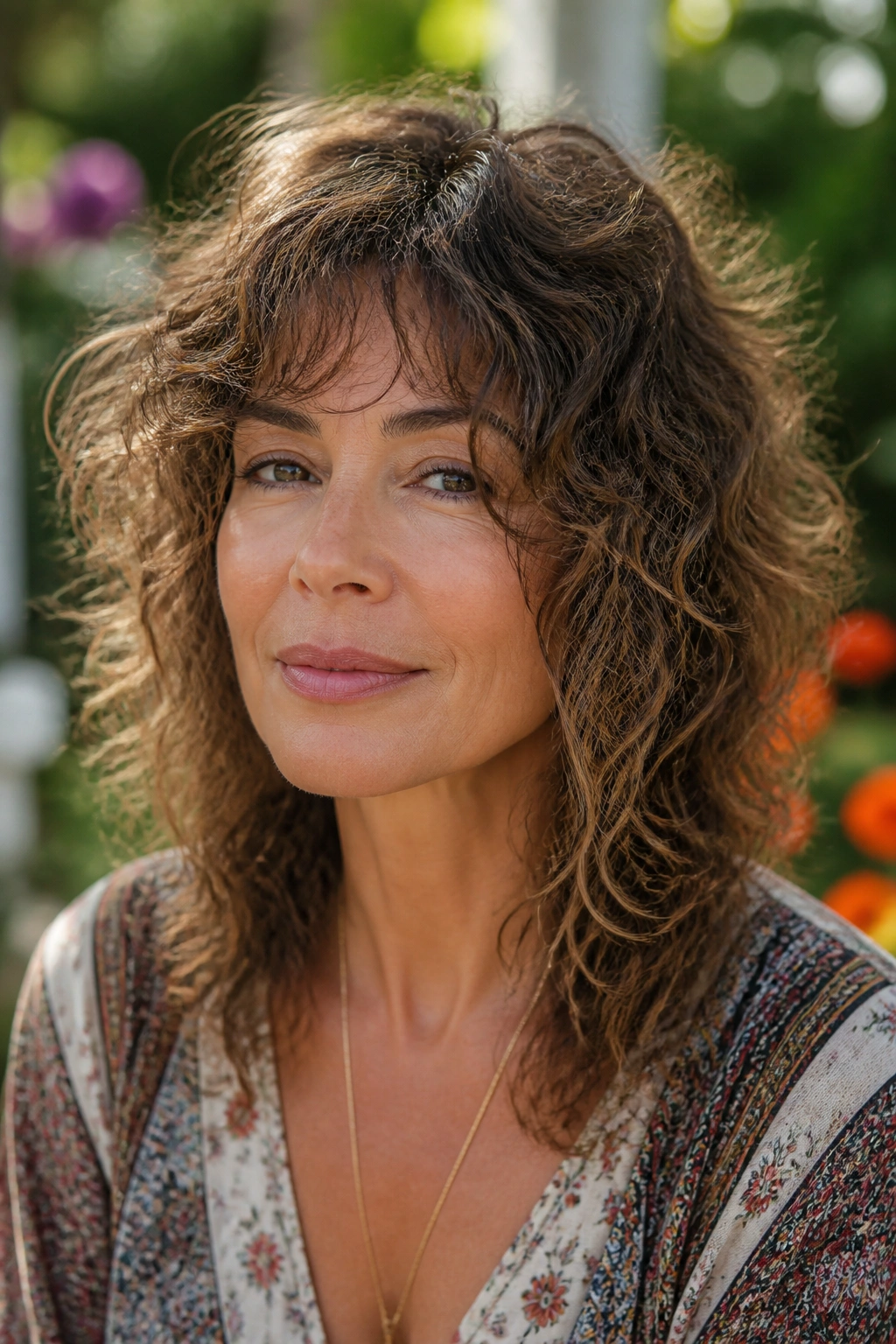 Close-up of a woman with curly fine hair in a boho shag, face-framing curls.