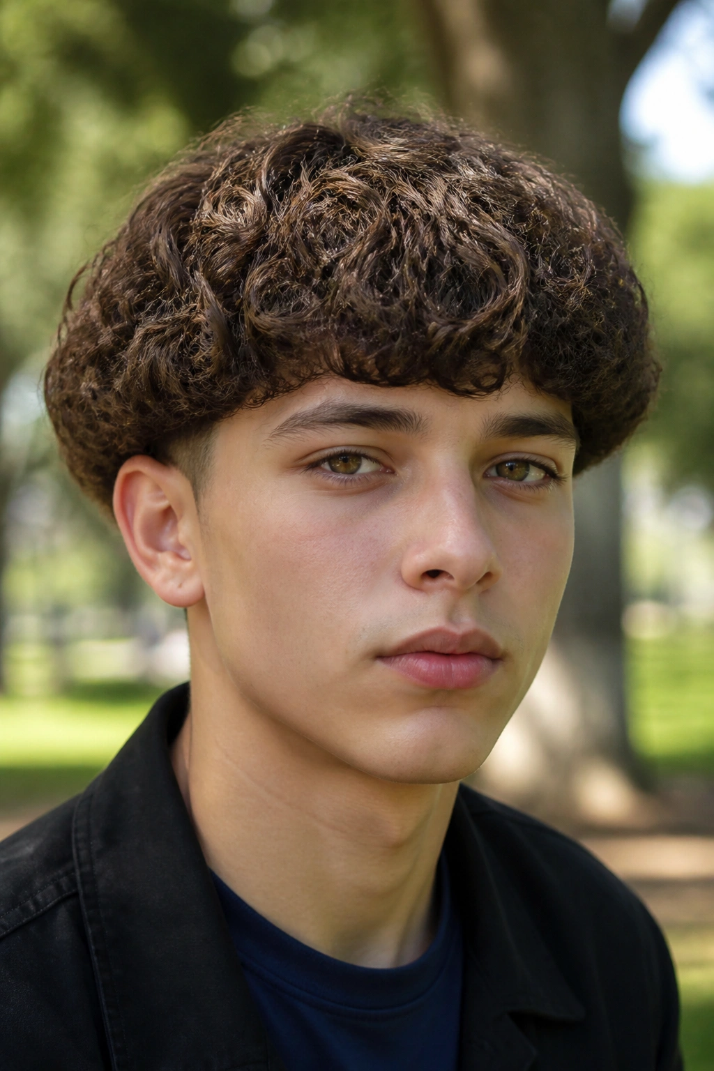 Close-up portrait of a real person with a curly bowl cut showing defined curls around the perimeter.