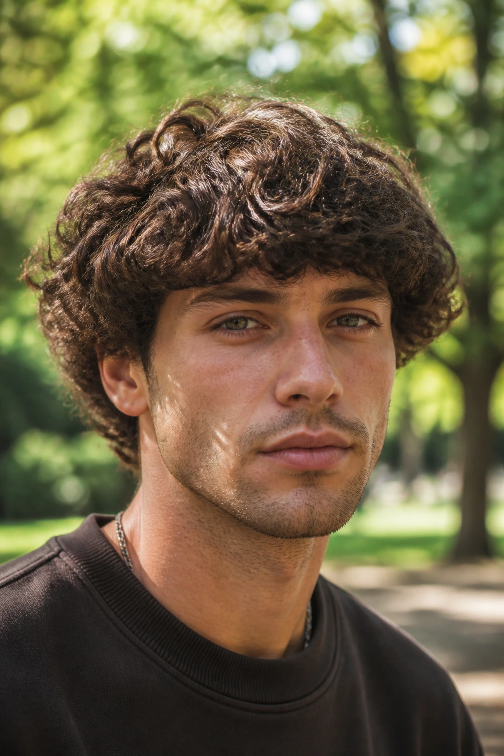 Close-up portrait of a man with curly bowl cut in park sunlight