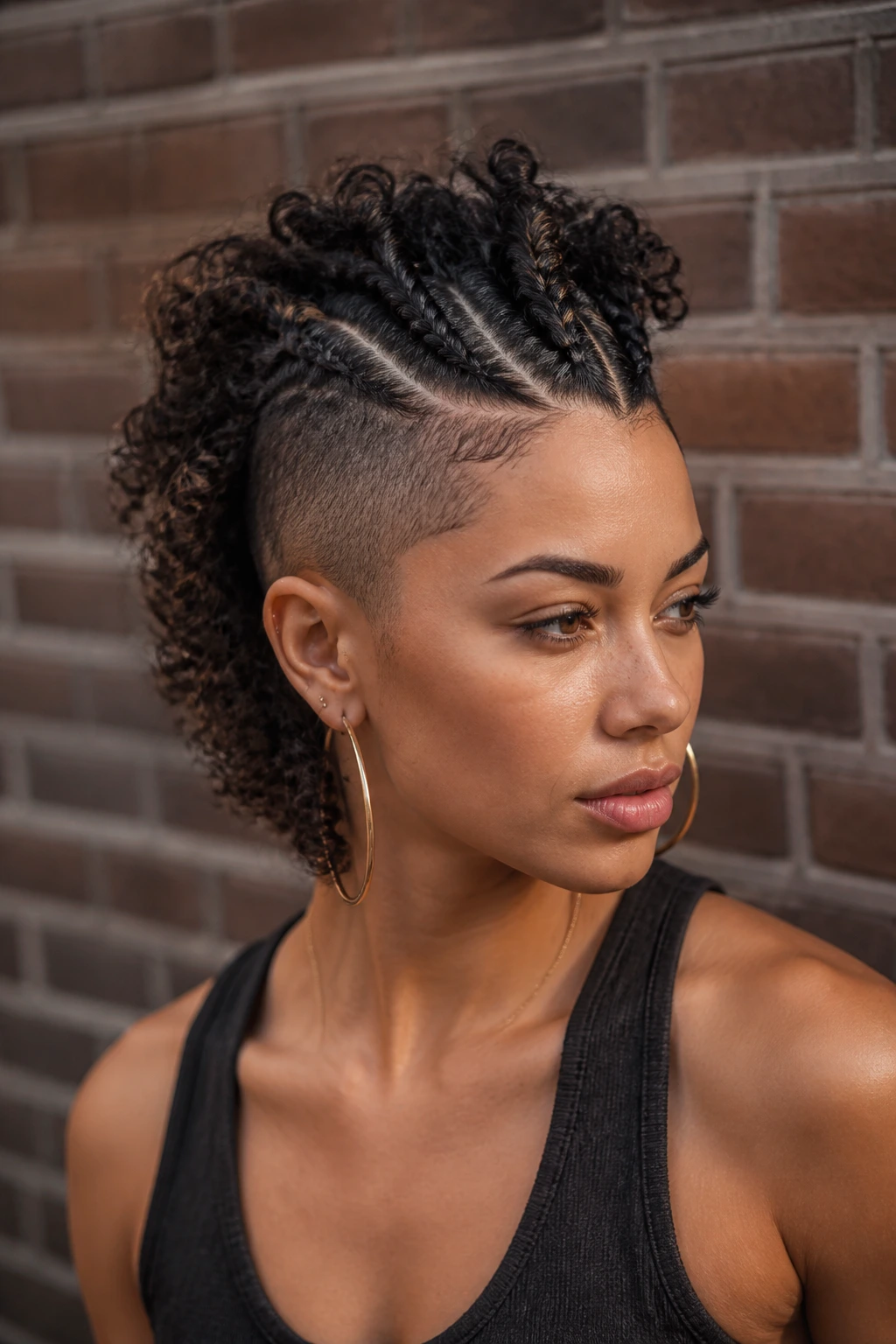Close-up portrait of a woman with curly braided mohawk and undercut