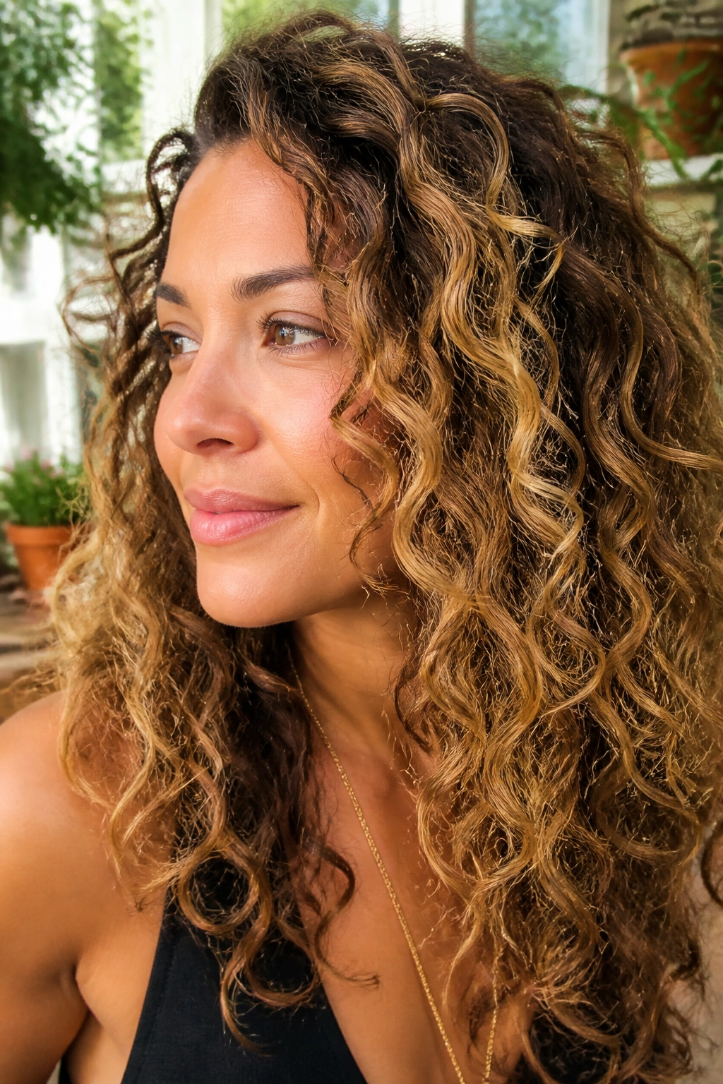 Close-up of a real woman with curly bronde highlights on curly hair.