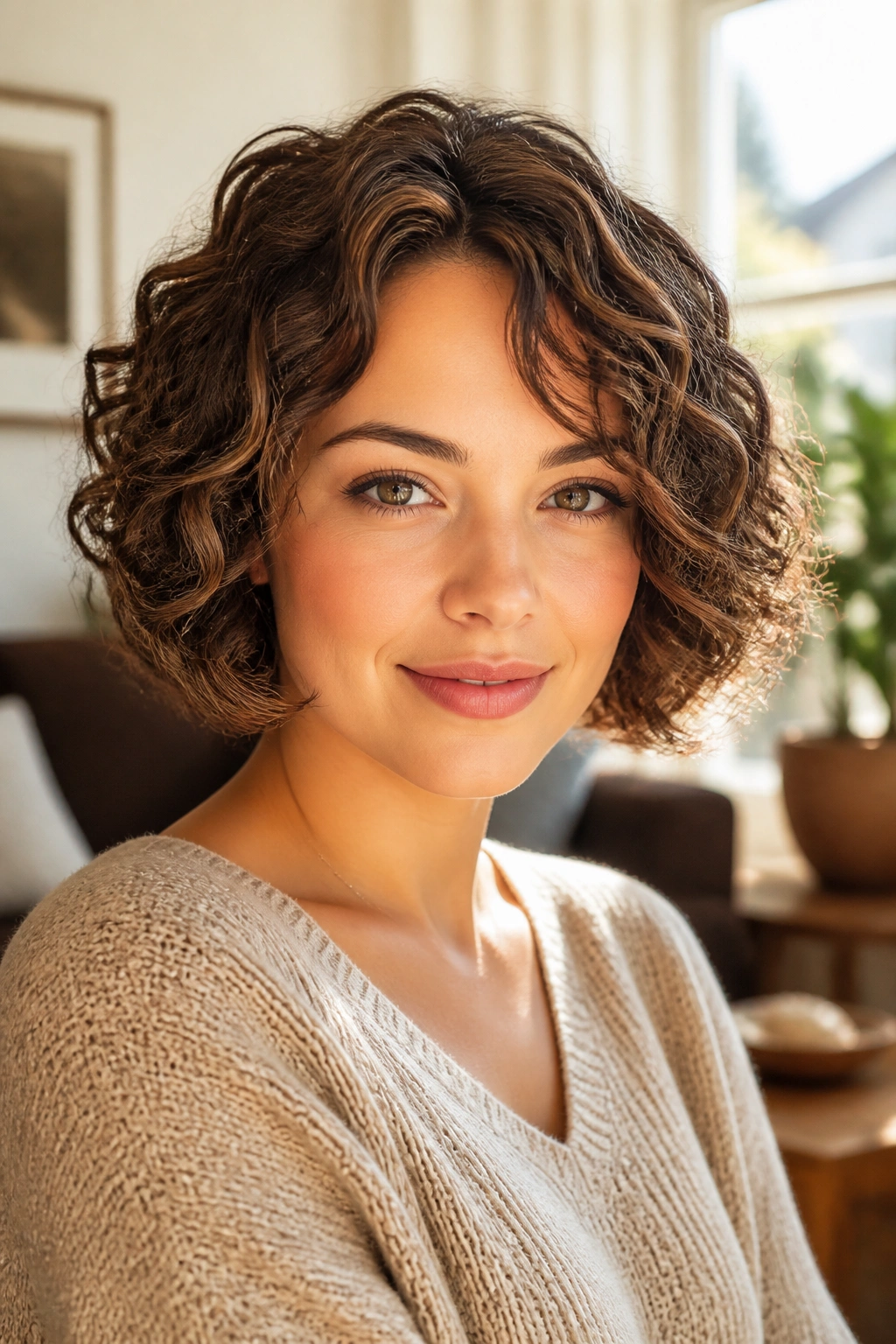 Portrait of a real woman with a curly brown bob shaping the cheekbones.