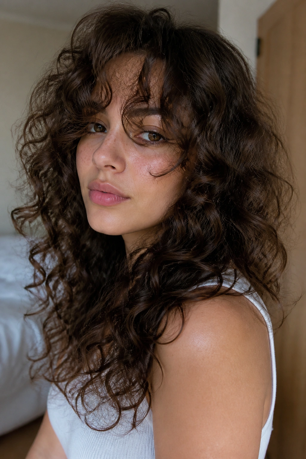 Close-up of a real woman with curly brown hair and long bangs framing the eyes
