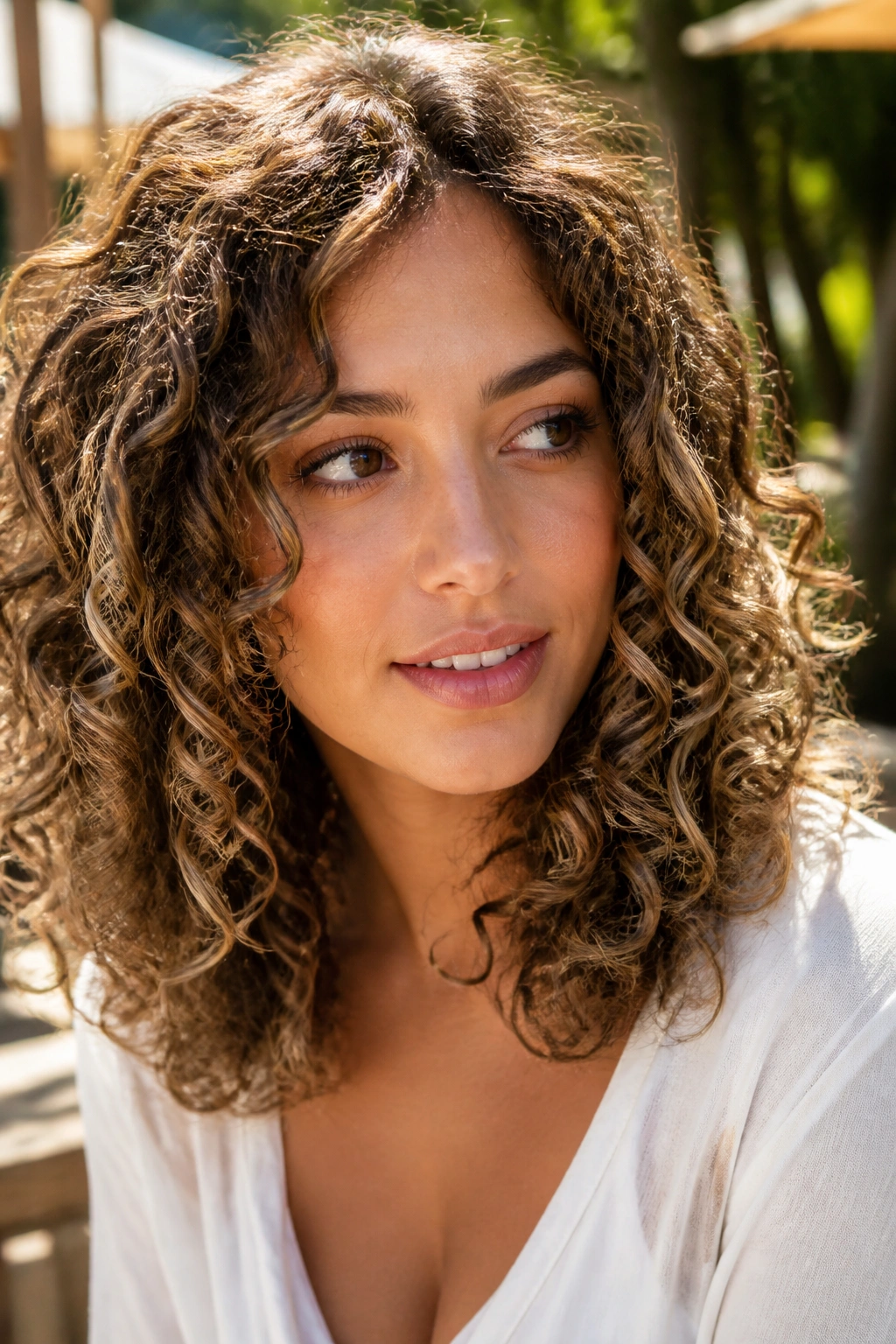 Close-up of a real woman with curly brown hair and scattered blonde pops in sunlight