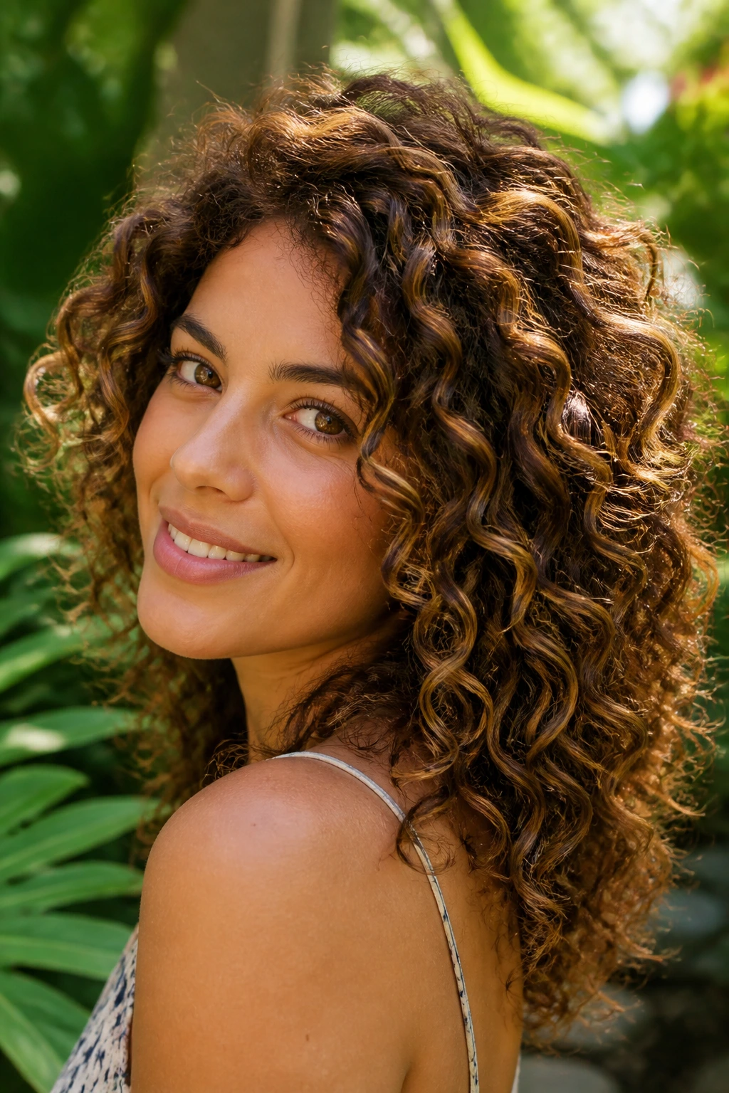 Curly brown hair with honey caramel highlights on outer curls