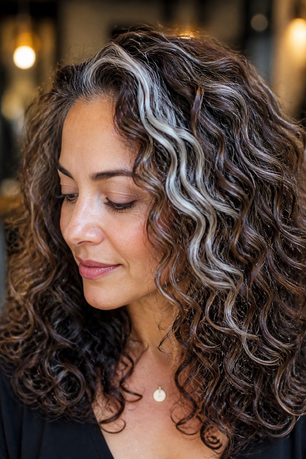 Close-up of curly brown hair with silver streaks following curl pattern