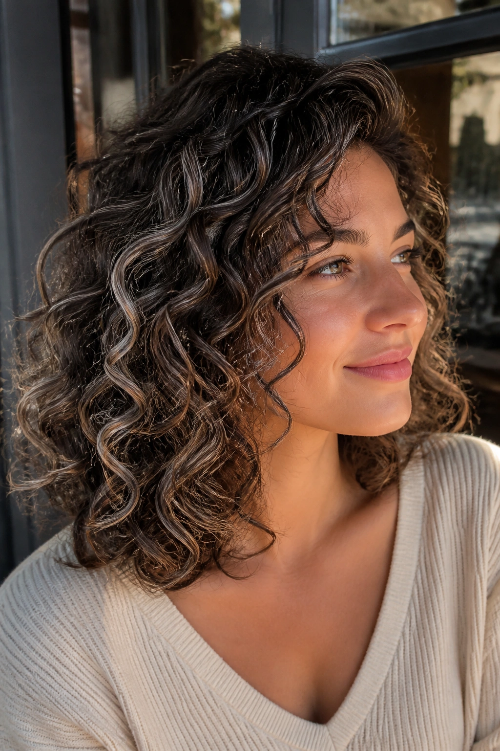 Close-up of a real woman with Curly Brown Hair with Smoke Highlights