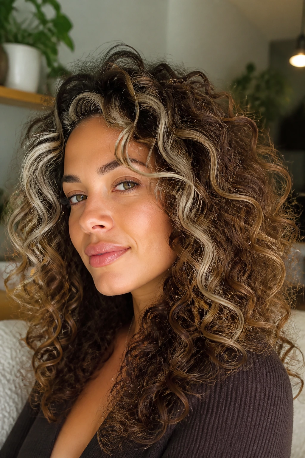 Close-up portrait of a real woman with curly brown hair and platinum swoops