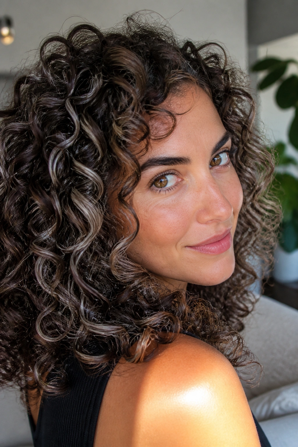 Close-up of a real woman with curly brown hair featuring silver veils woven through the curls