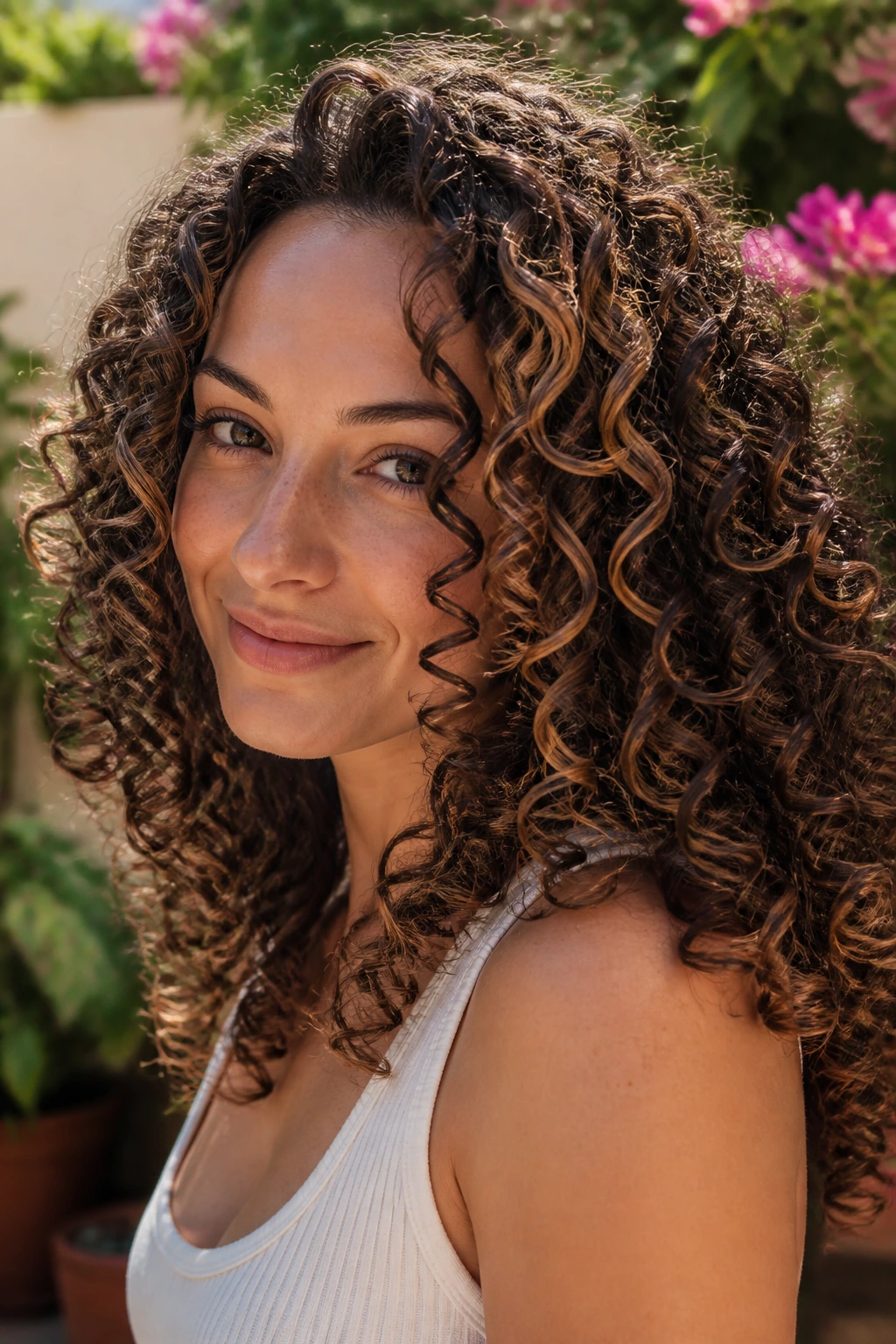 Close-up of curly brunette balayage on real person's curly hair