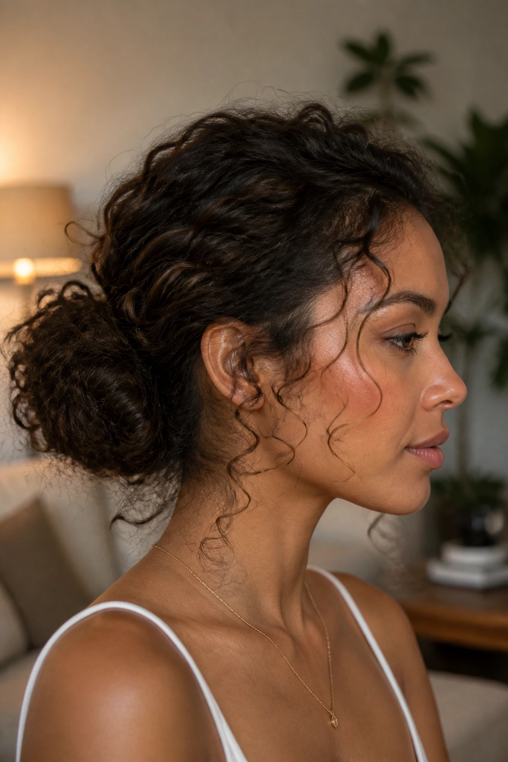 Real woman with a curly bun and soft flyaways around the hairline.