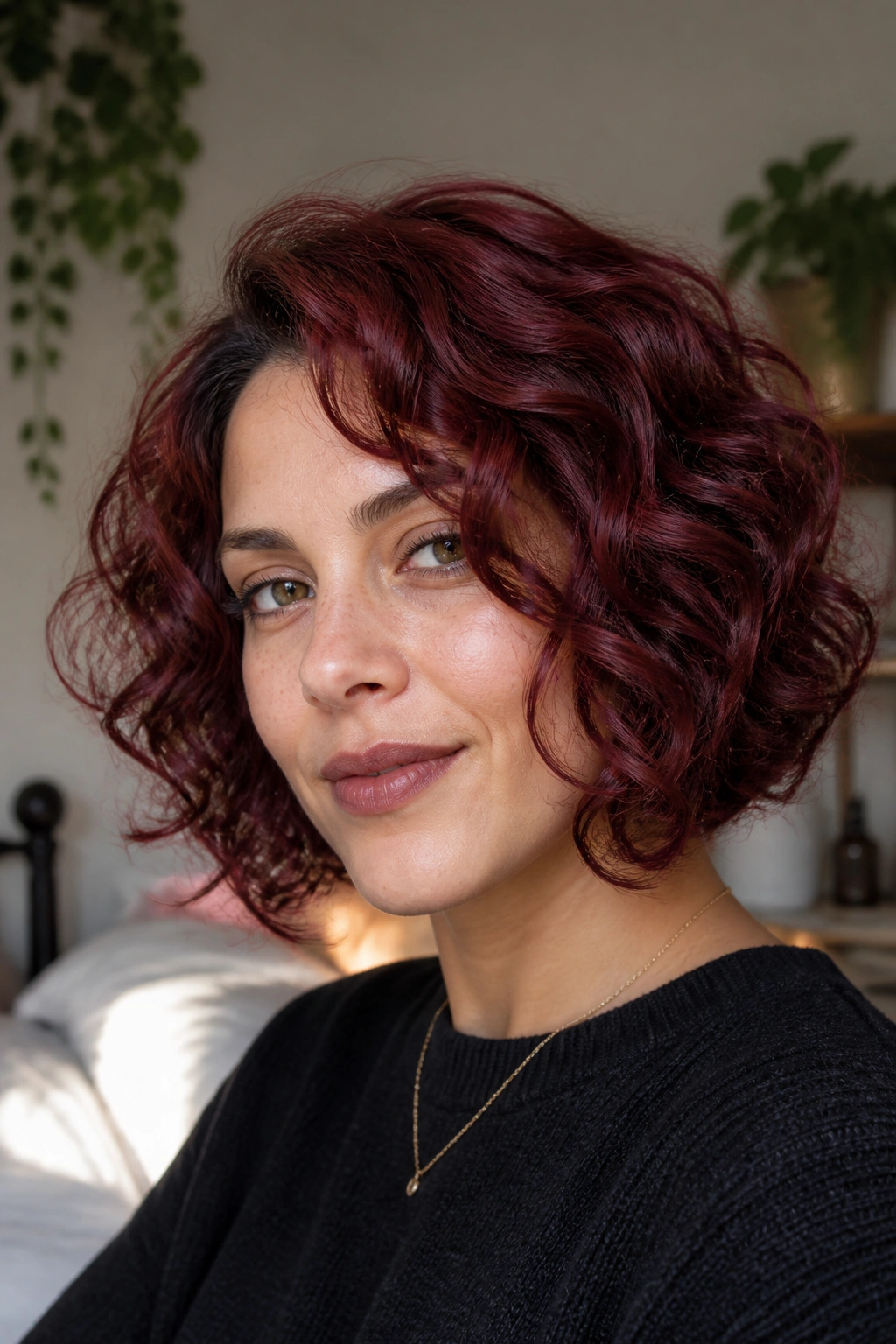 Real woman with curly burgundy bob and soft waves
