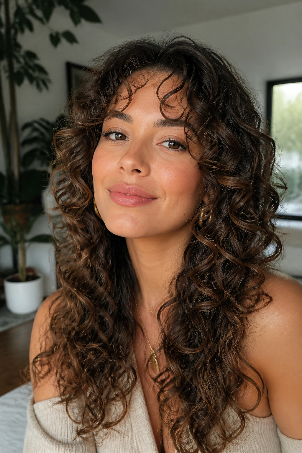 Close-up portrait of a real woman with the curly butterfly cut showing lift and movement