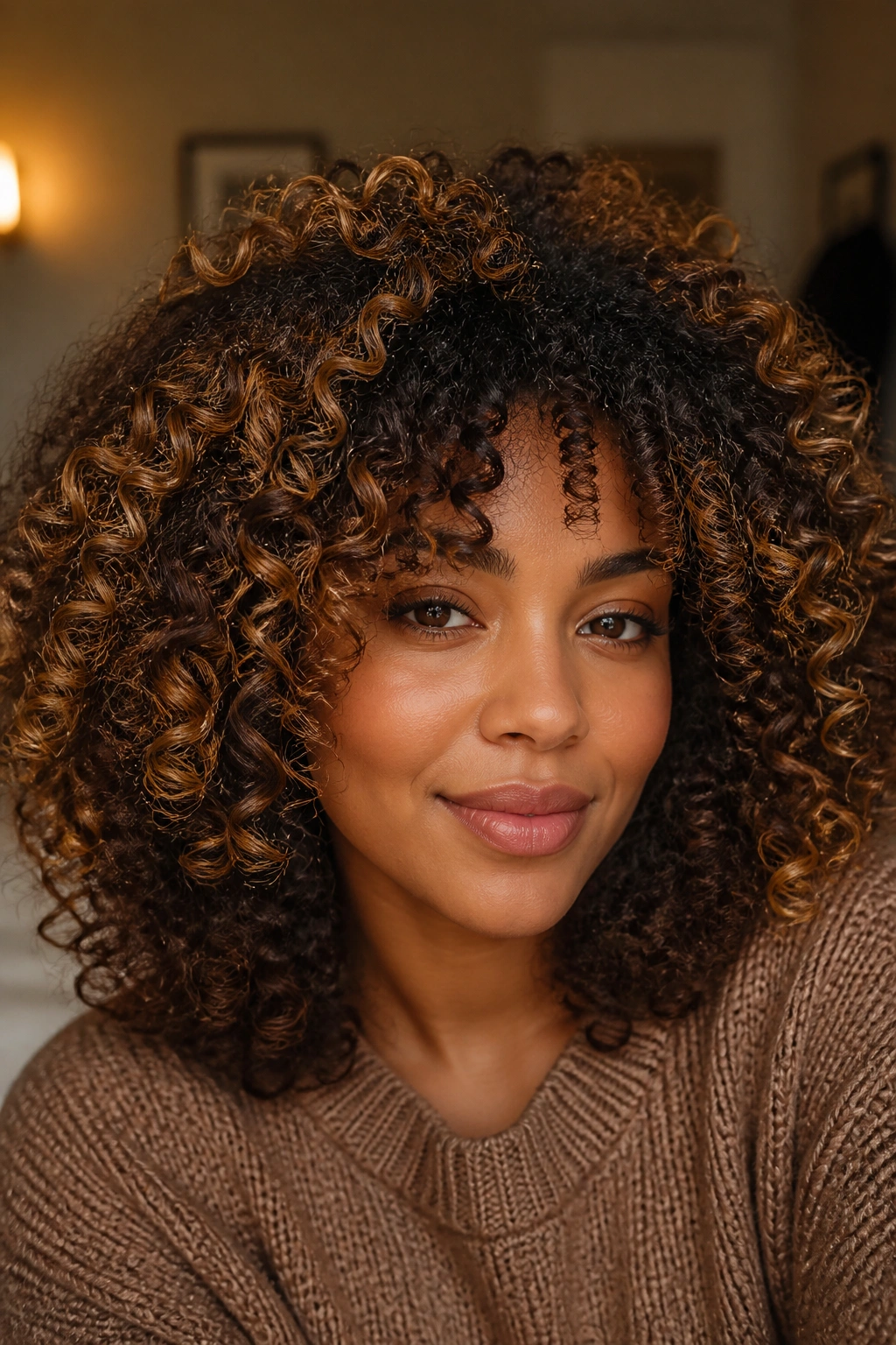 Close-up of a woman with curly hair and a halo of brown caramel highlights around the crown.