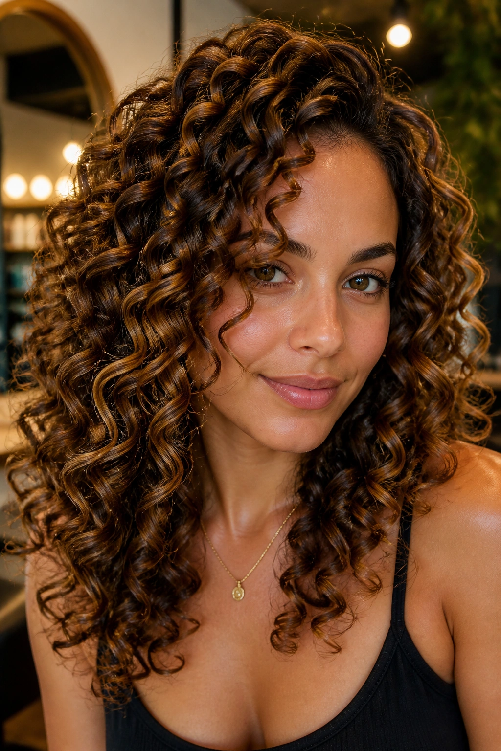 Close-up of a real woman with curly hair showing caramel highlights following the coil pattern