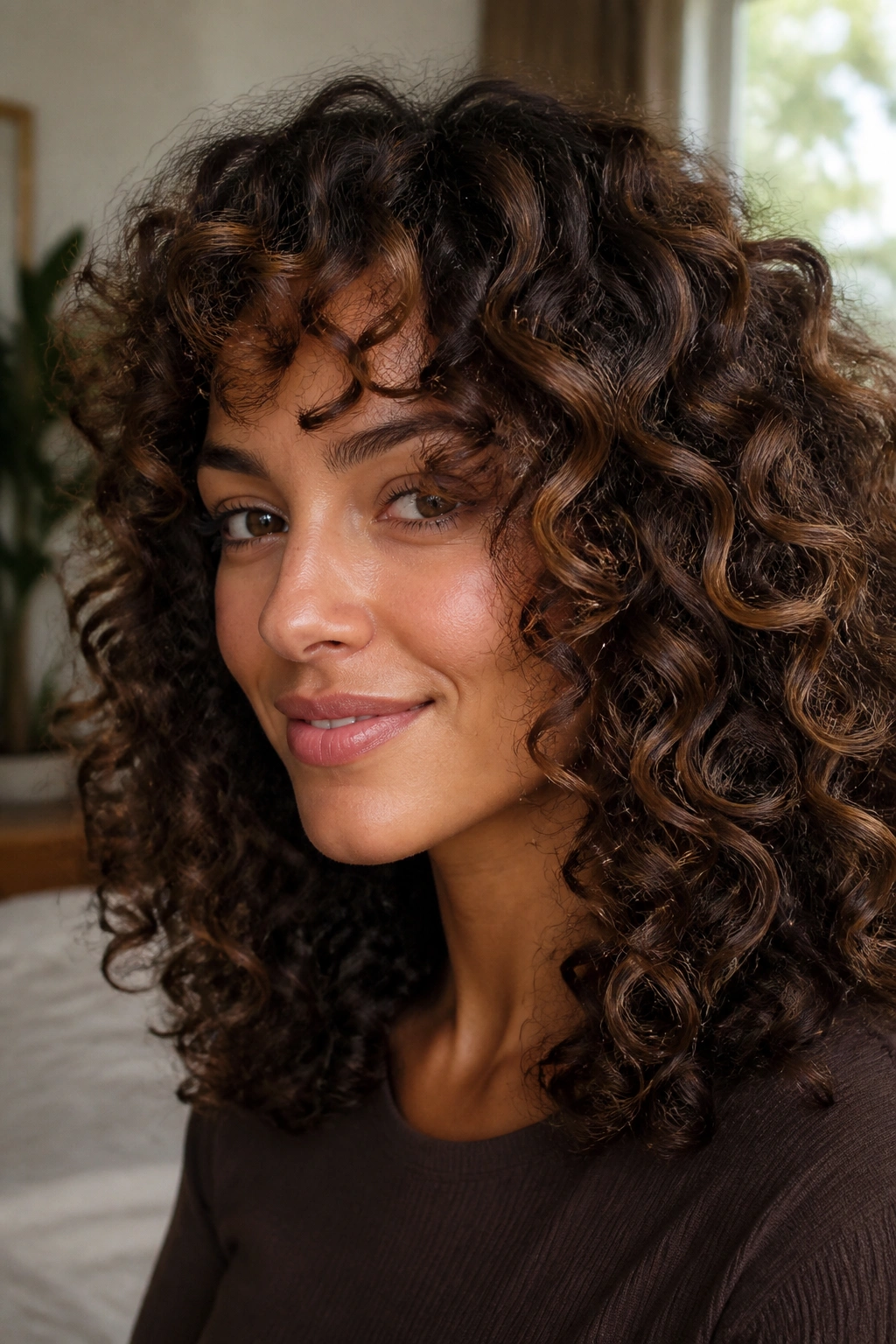 Real woman with curly chestnut contour highlights on curls