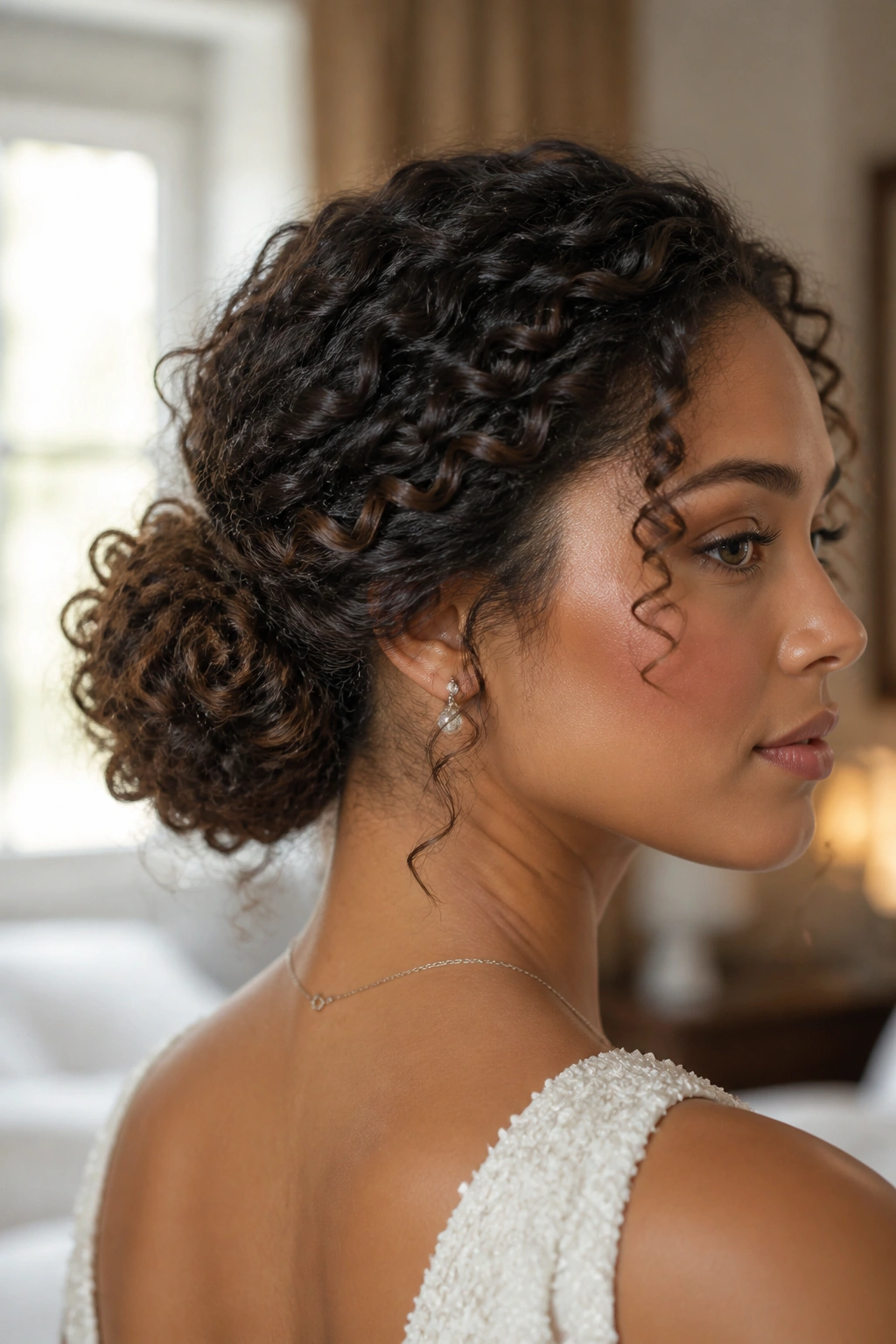 Close-up of a real woman with curly textured chignon in a bridal setting