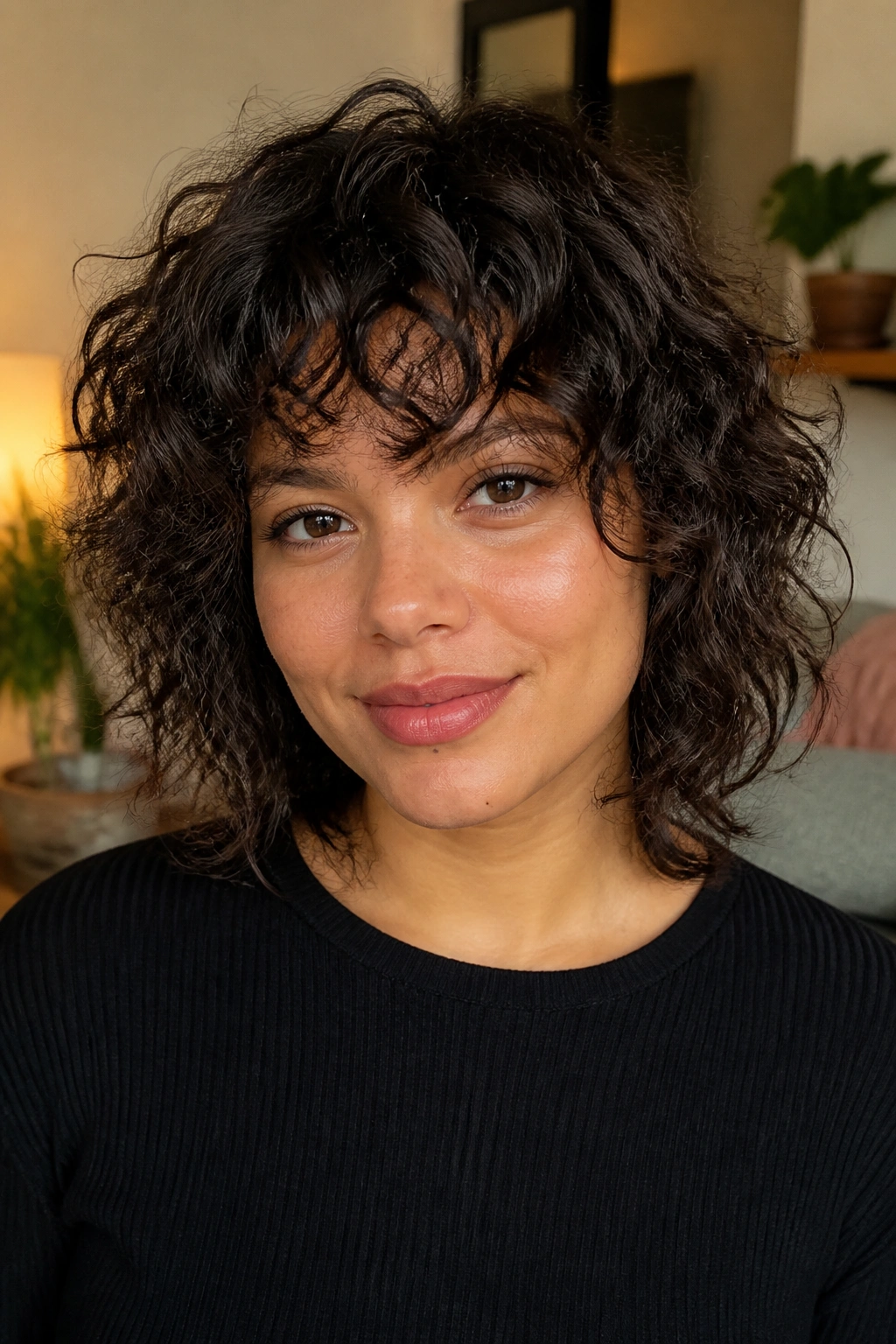 Close-up portrait of a real woman with curly choppy bangs for shrinkage.