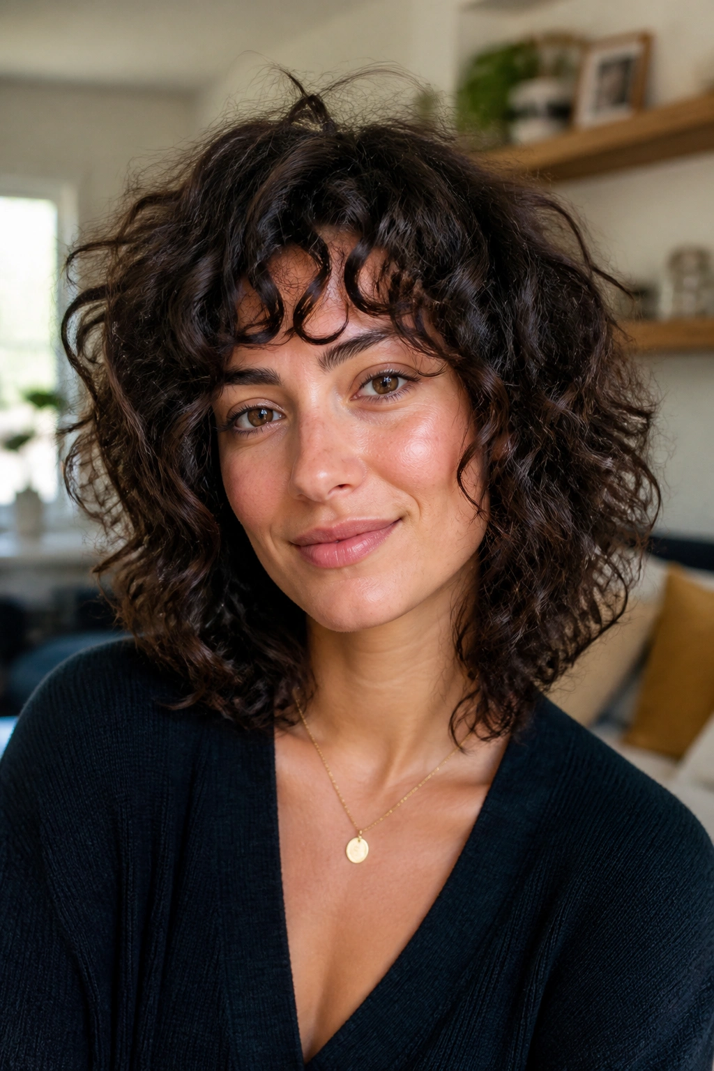 Close-up of a real woman with curly choppy cut and layered curls