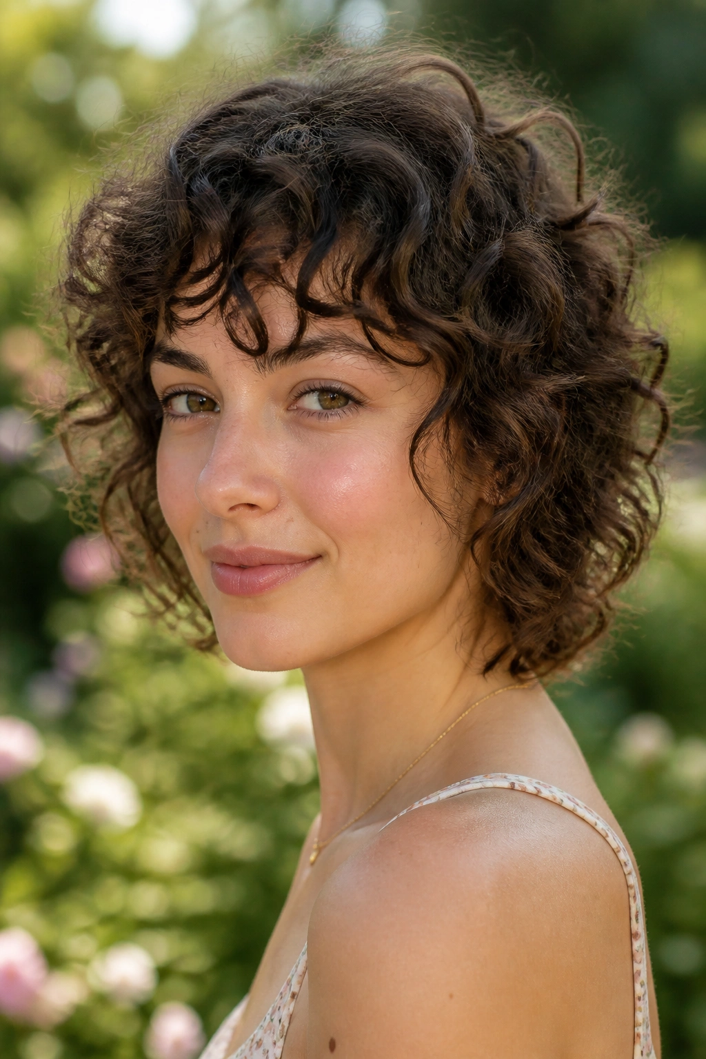 Close-up of a real woman with curly choppy cut and light layers outdoors in natural light