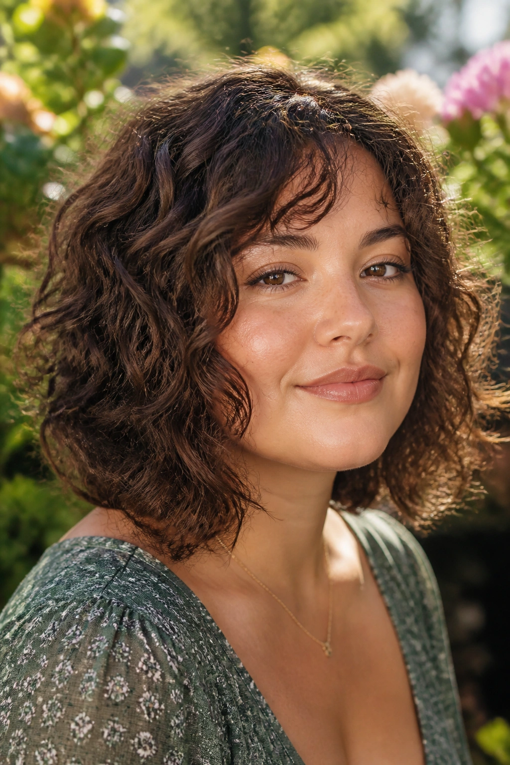 Real woman with curly choppy lob and dry-cut layers in sunlit garden