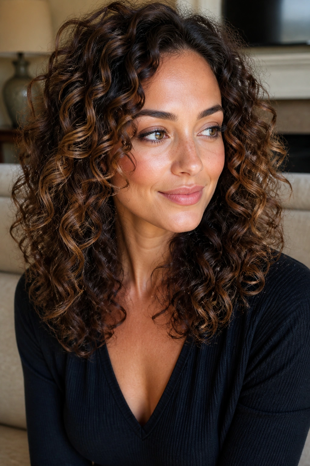 Close-up of a real woman with curly hair and outer-edge hazelnut highlights around the face.