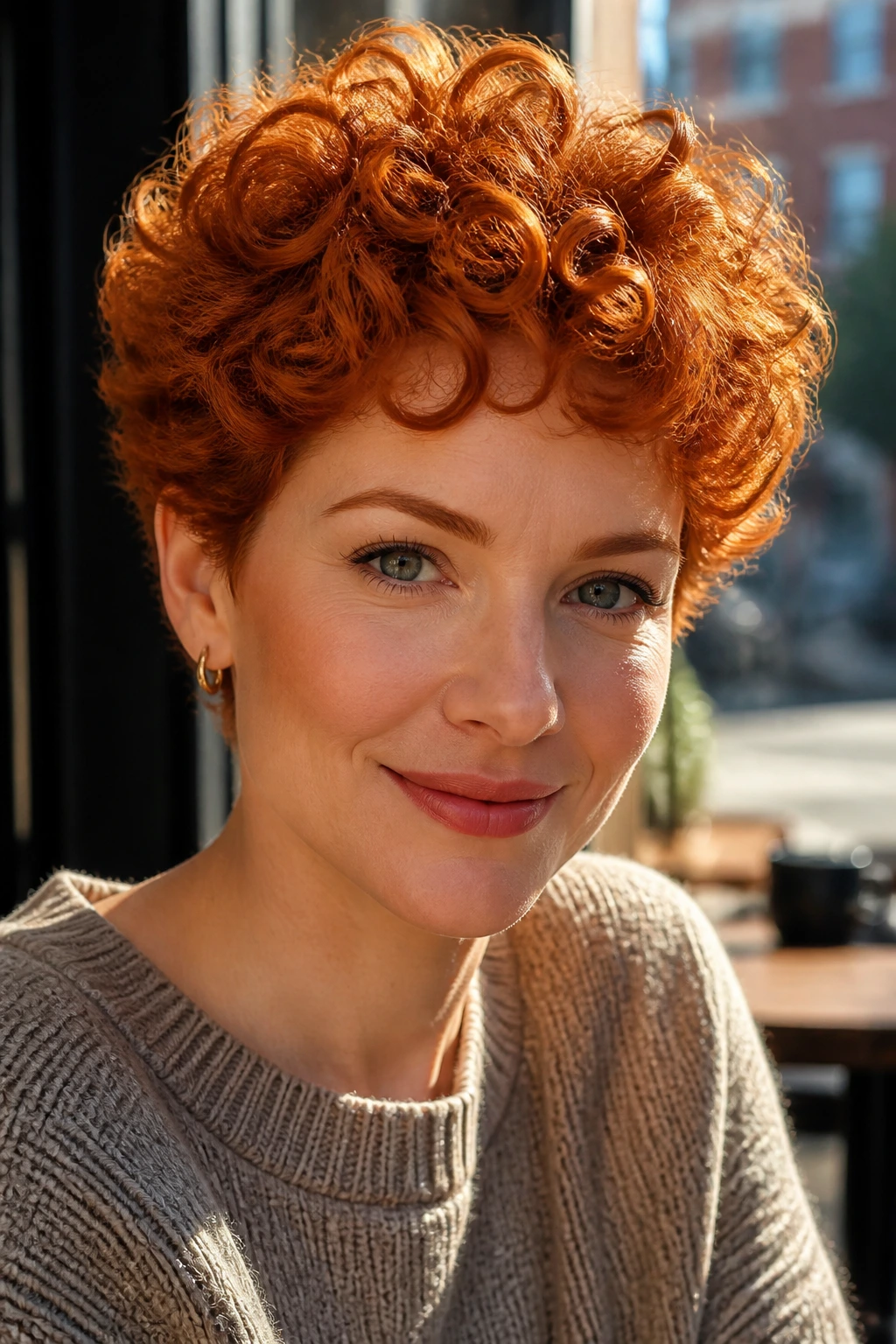 Close-up portrait of a real woman with a curly copper crop hairstyle in warm light