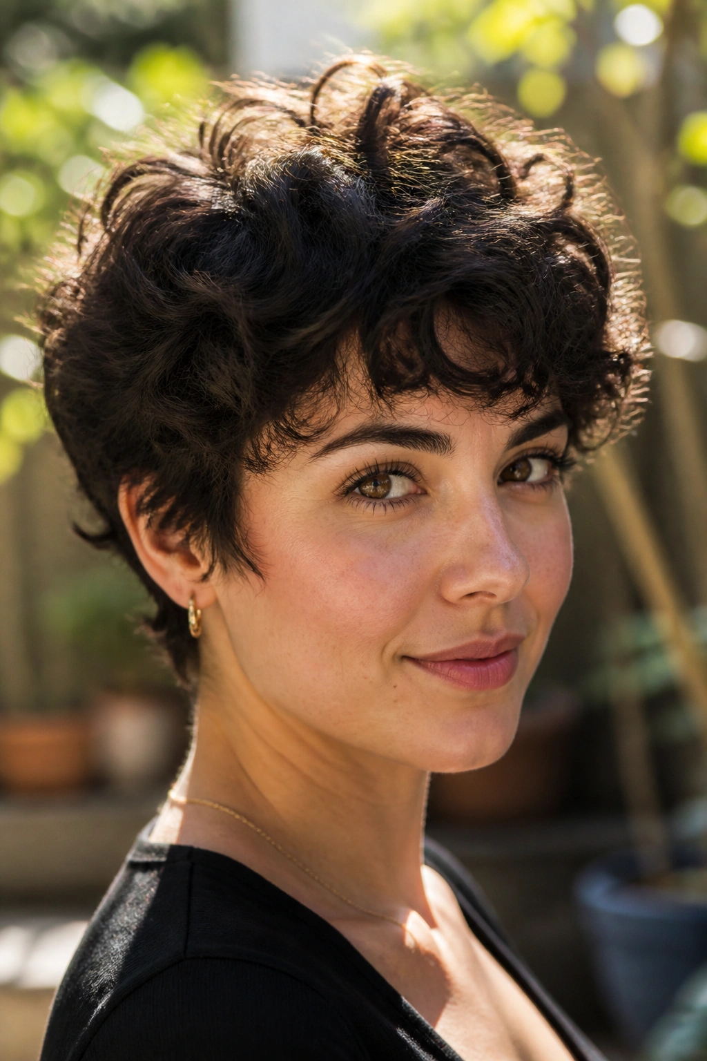 Real woman with curly crop and airy layers in natural light