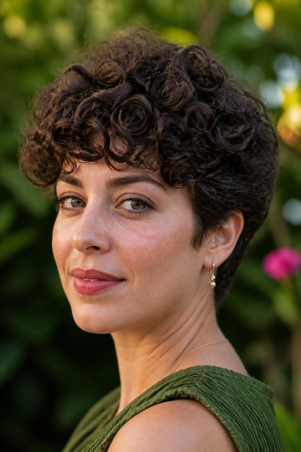 Close-up portrait of a real woman with curly crop and crown volume hairstyle
