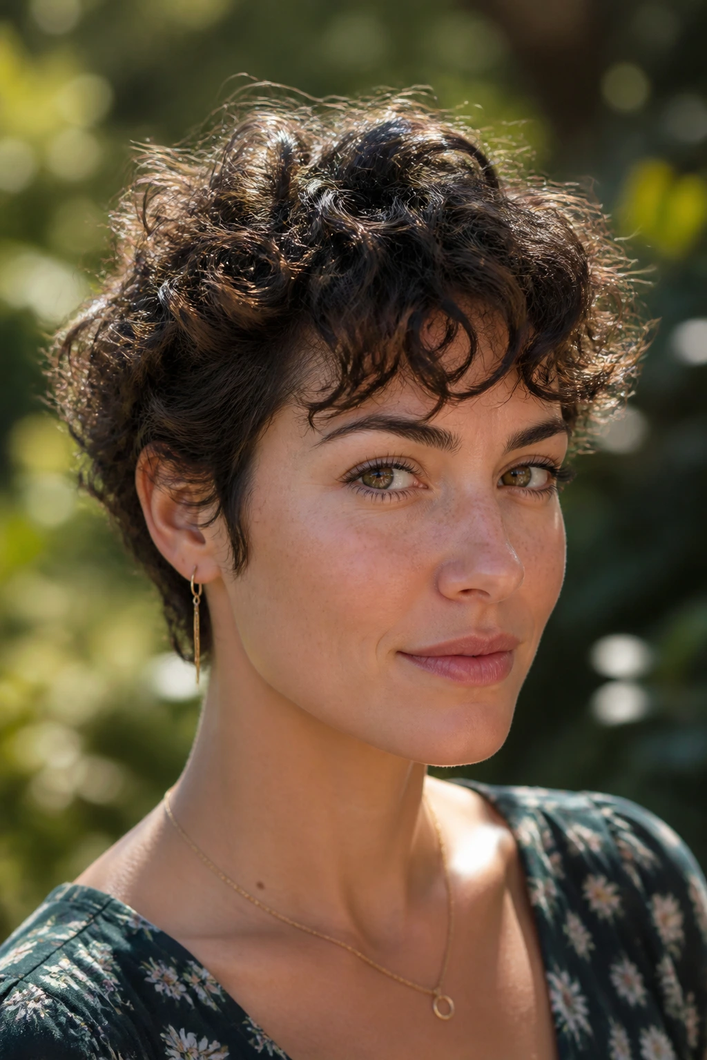 Close-up of real woman with curly crop and soft curly fringe in natural sunlight.