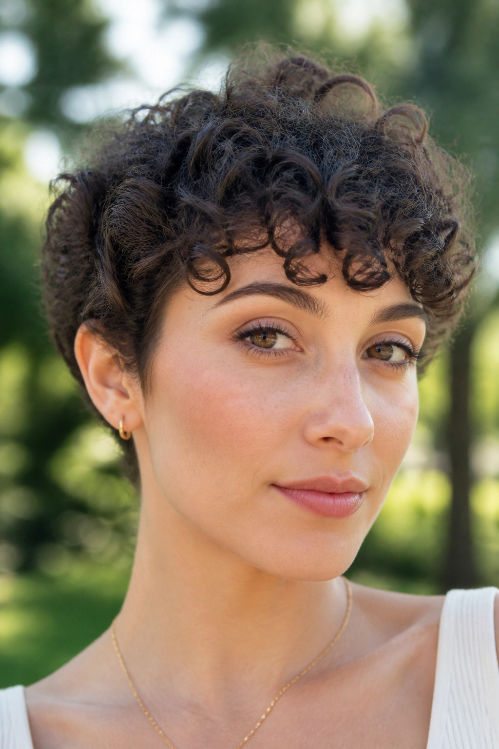 Portrait of a woman with a curly crop and curly fringe.