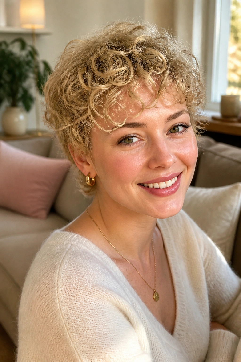 Bright-haired woman with curly crop and curly fringe in a sunlit living room
