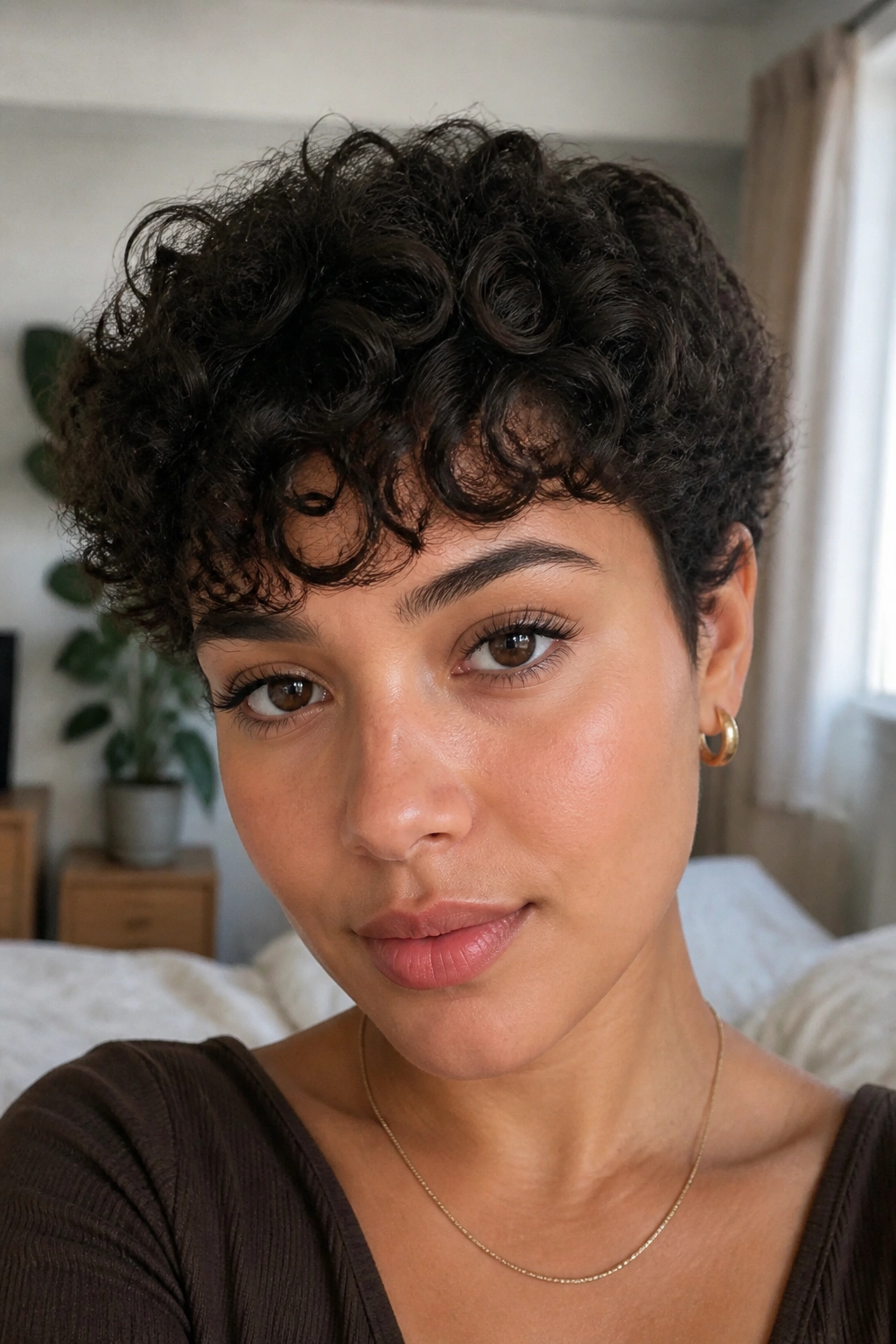 Close-up of real woman with curly crop and fringe skimming brows.