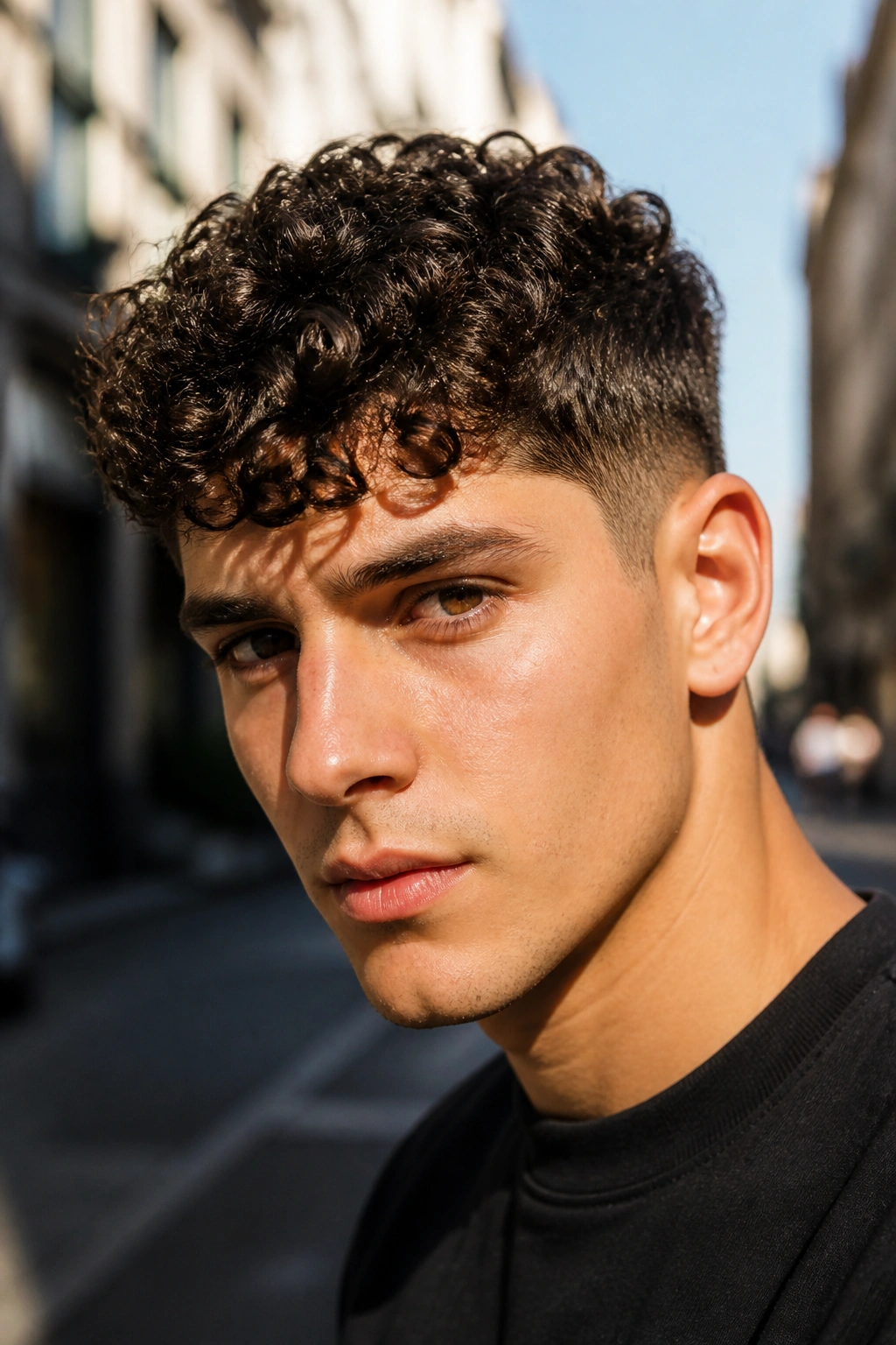 Close-up portrait of a man with a curly crop hairstyle