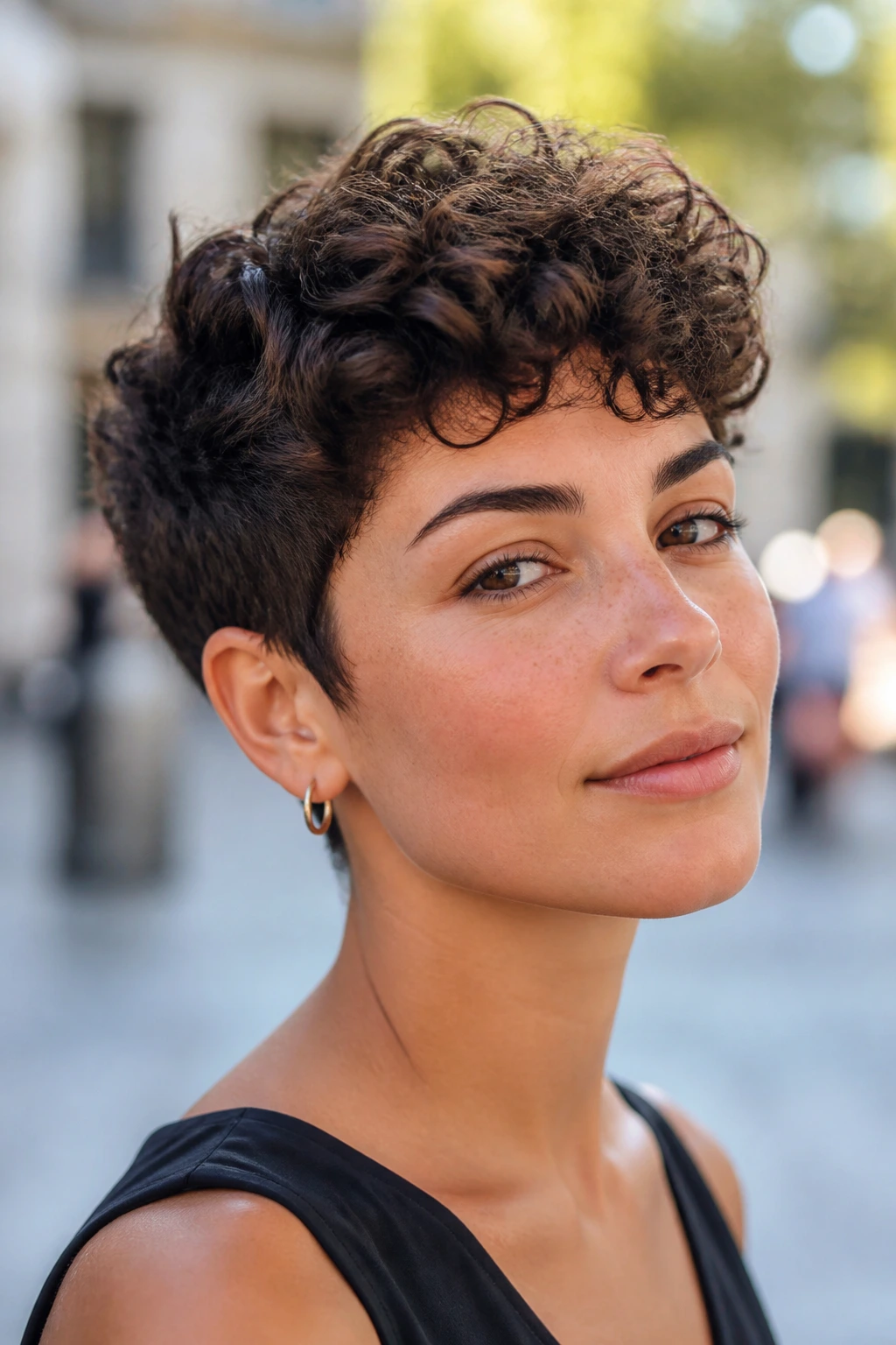 Close-up portrait of a real woman with a curly crop and top height