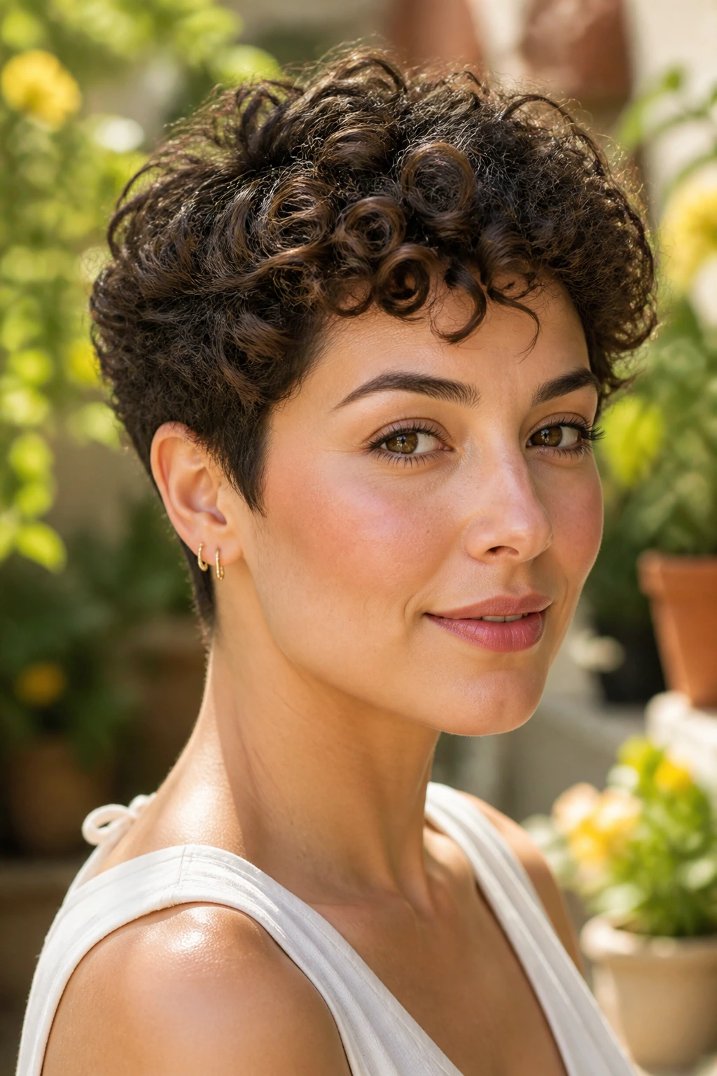 Close-up portrait of a woman with a curly crop in sunlit courtyard