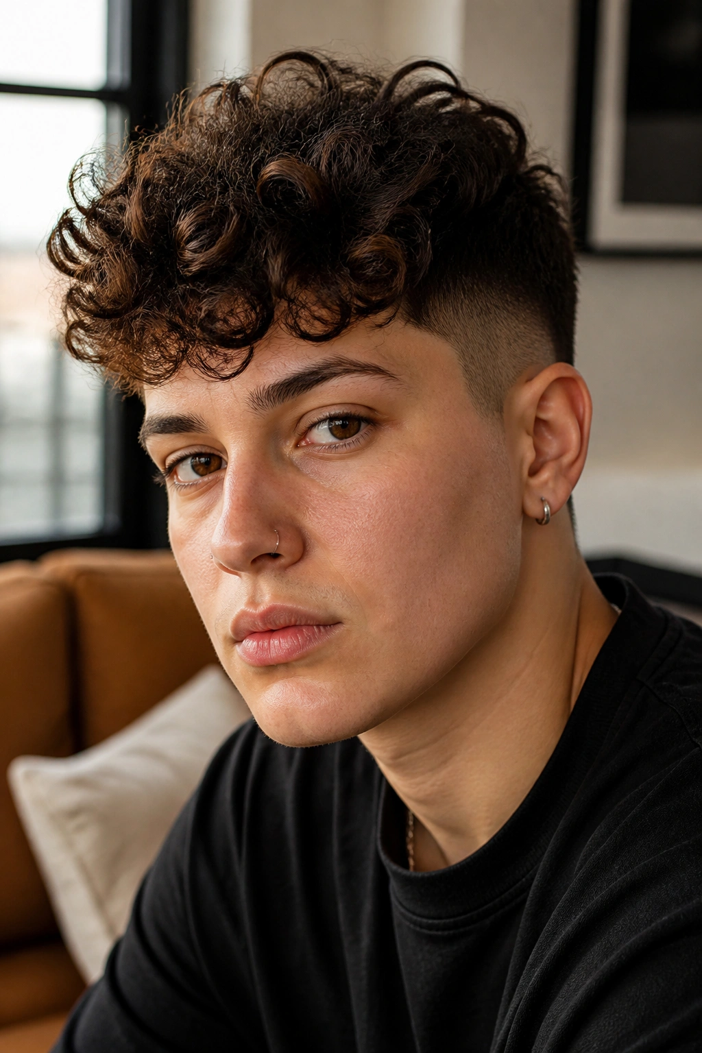 Real person with curly crop and short sides in cozy indoor setting