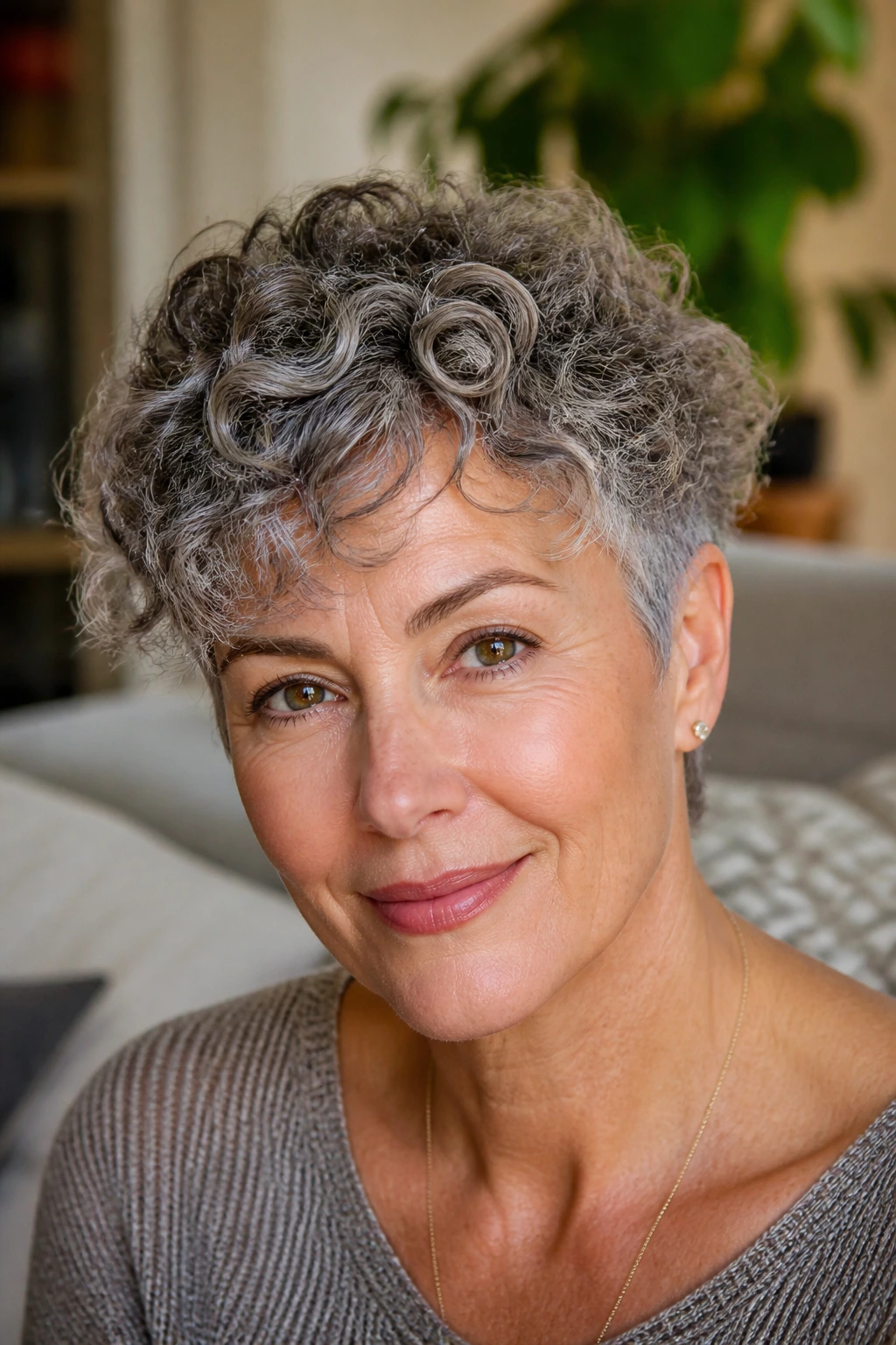 Real woman with curly crop featuring soft silver threads woven through curls