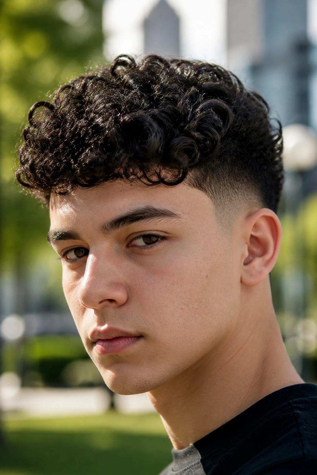Close-up portrait of a real person with a curly crop and tapered sides in natural daylight