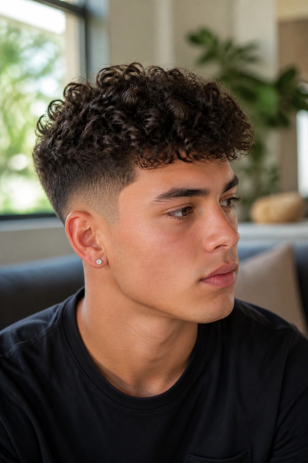 Close-up of a woman with a curly crop and tapered sides.