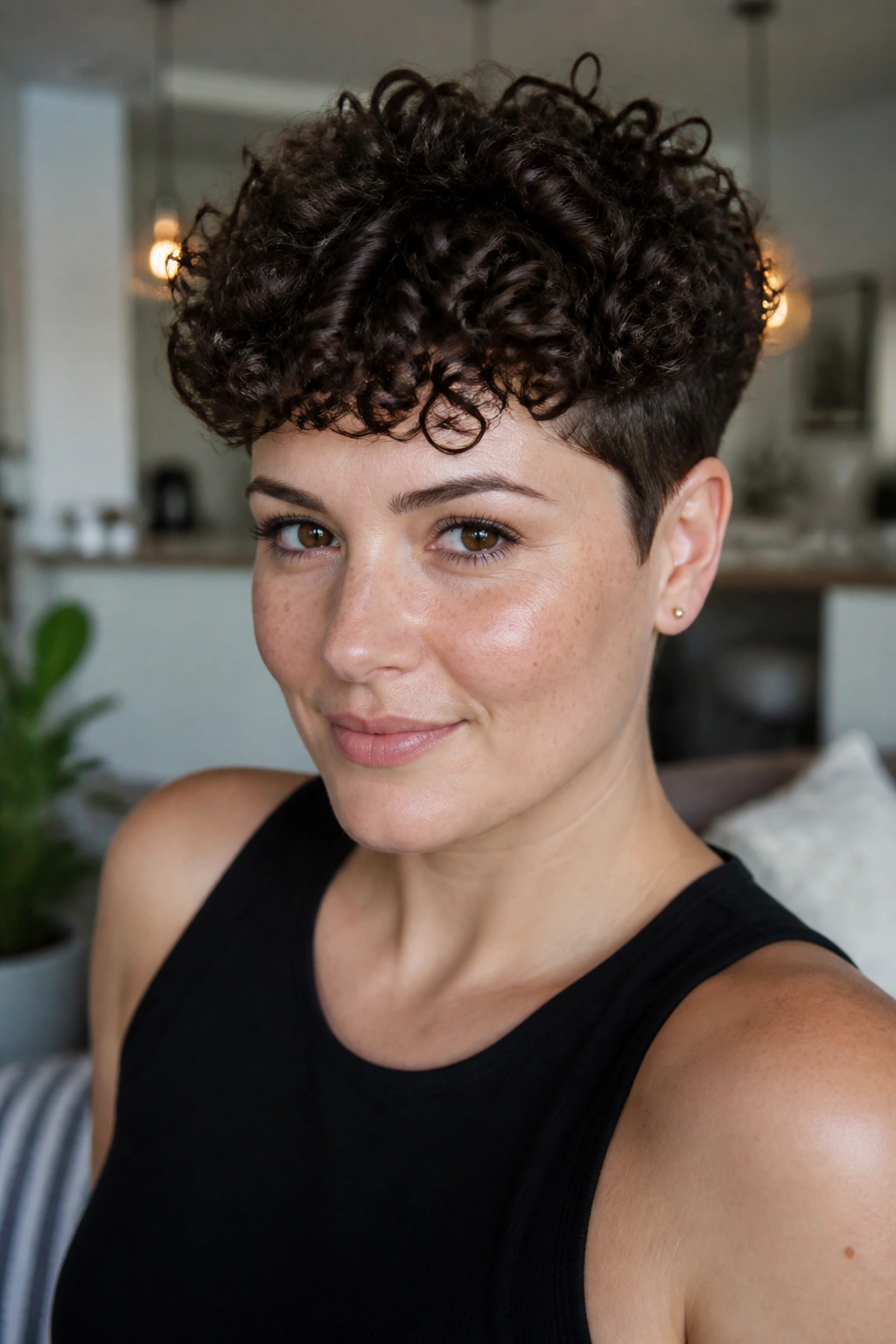 Close-up portrait of a real person with curly crop at temples in natural daylight