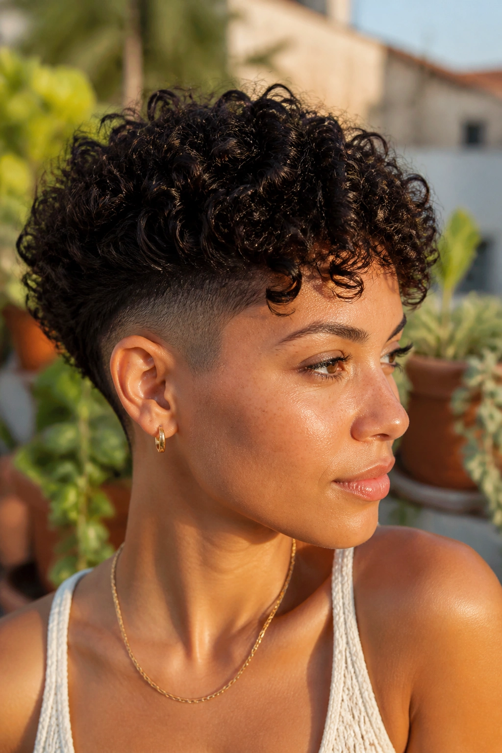 Close-up of a real woman with curly crop and low undercut