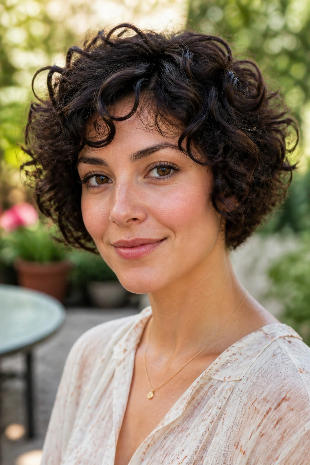 Portrait of a real woman with a curly cropped bob and lifted crown
