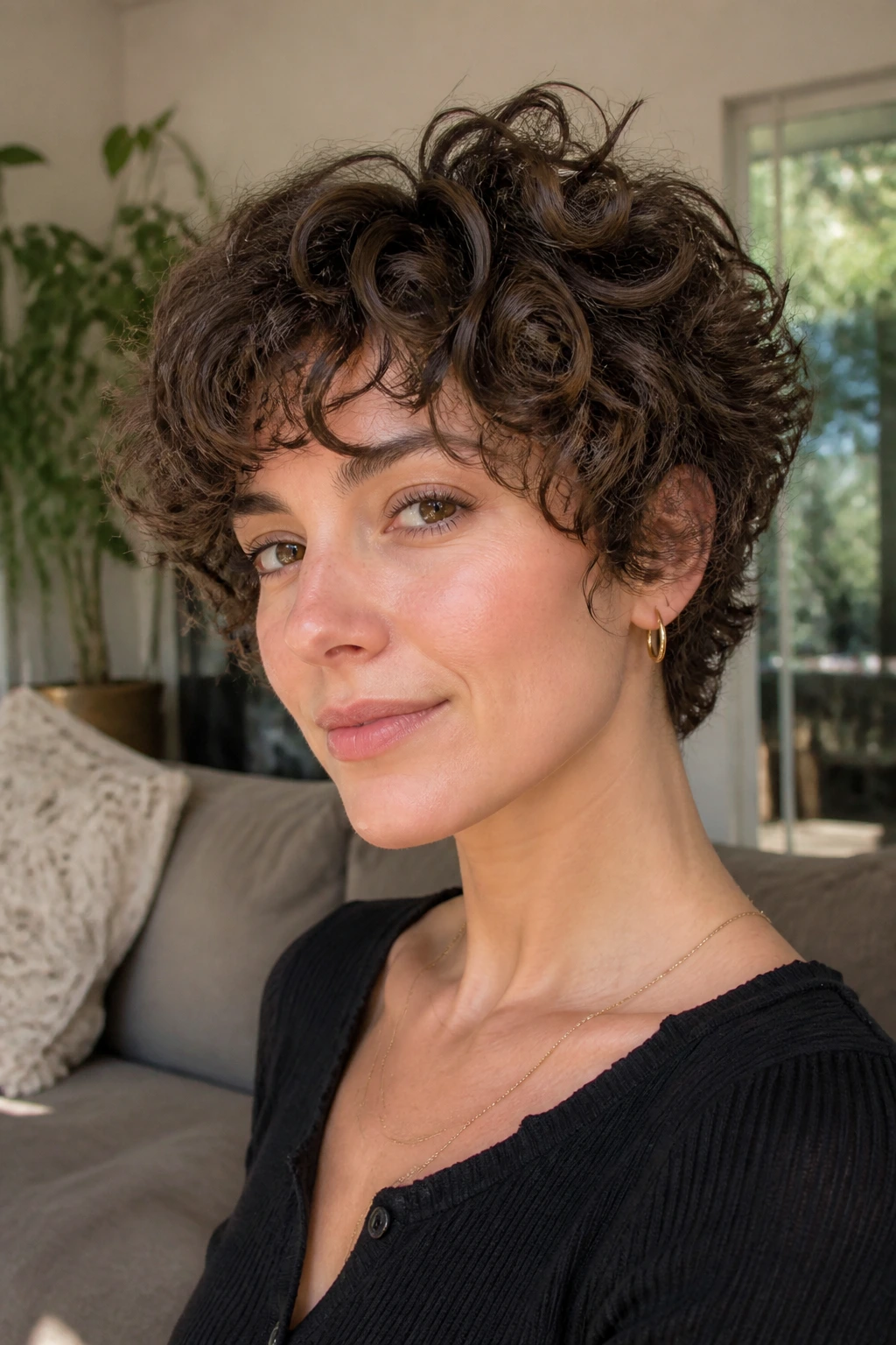 Close-up of a woman with curly cropped shag.