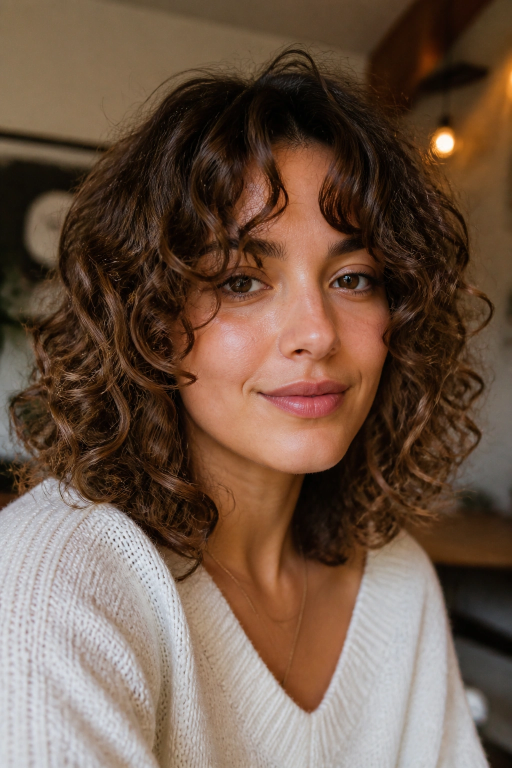 Real woman with curly curtain bangs keeping their shape.