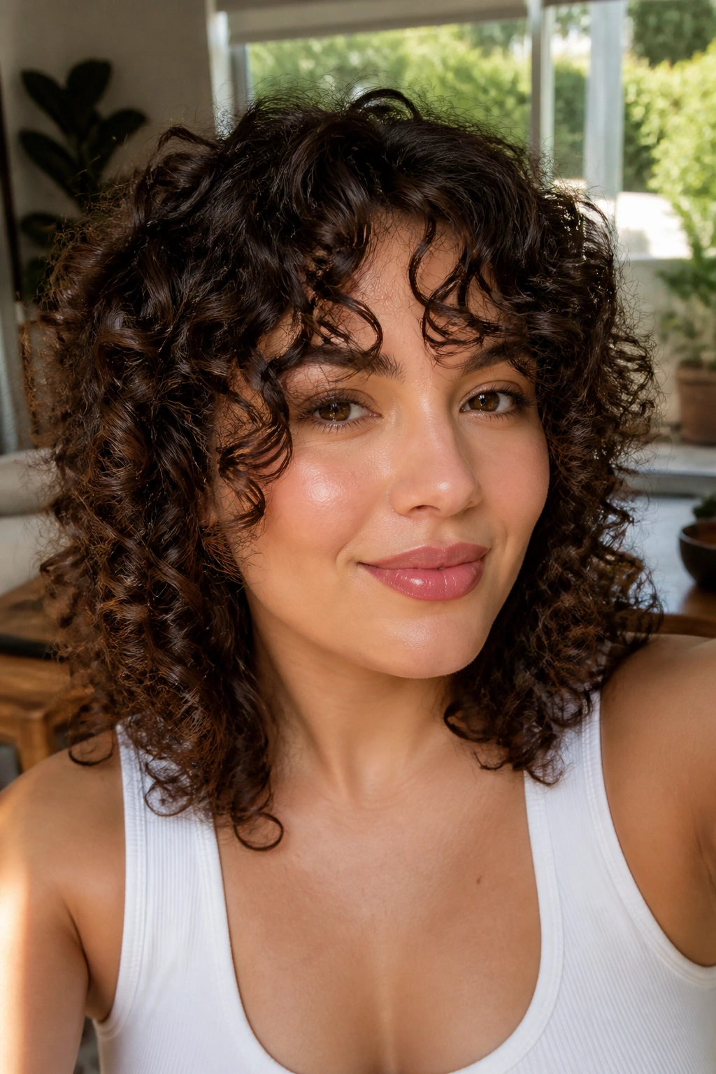 Real woman with curly curtain bangs in a sunlit room.