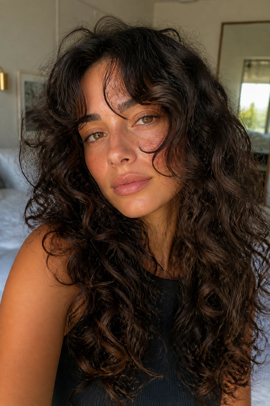 Close-up portrait of a real woman with curly curtain bangs grazing the cheekbones under soft window light.