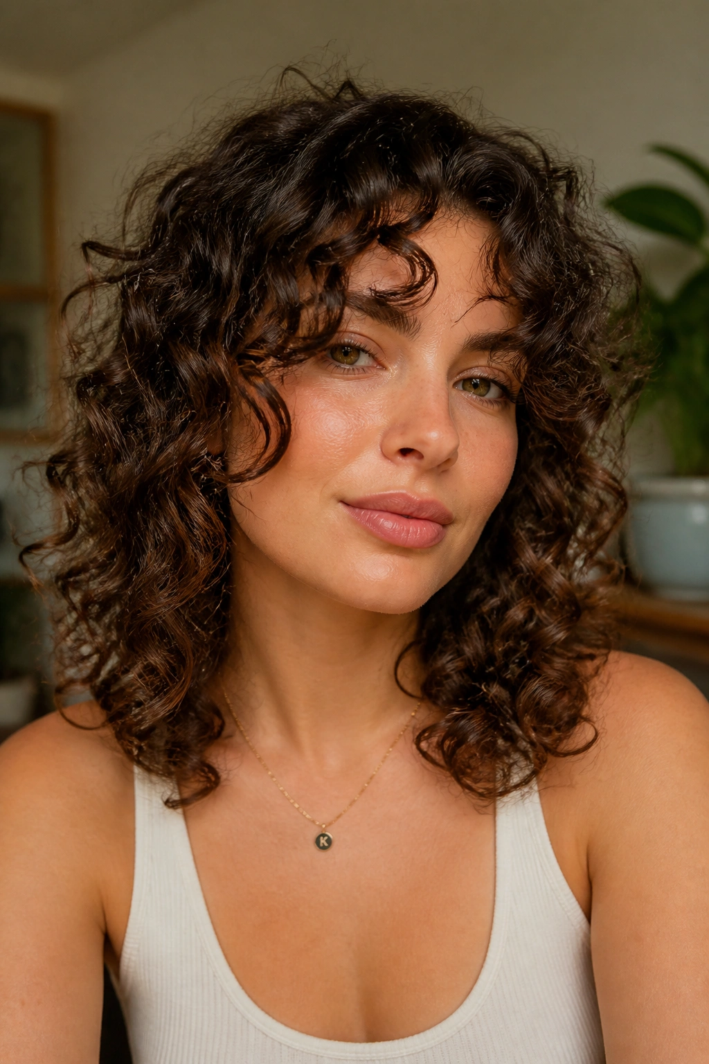 Close-up of a real woman with curly curtain bangs opening at the cheekbones in natural light